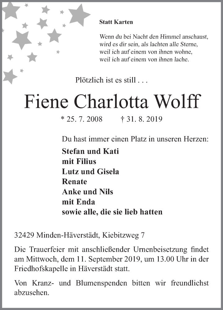  Traueranzeige für Fiene Charlotta Wolff vom 07.09.2019 aus Mindener Tageblatt