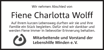 Anzeige von Fiene Charlotta Wolff von Mindener Tageblatt