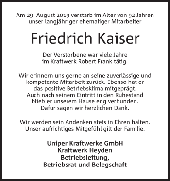 Anzeige von Friedrich Kaiser von Mindener Tageblatt