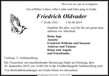 Anzeige von Friedrich Oldvader von Mindener Tageblatt
