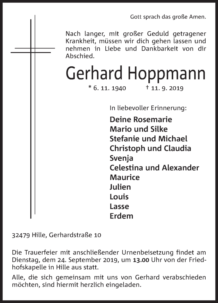  Traueranzeige für Gerhard Hoppmann vom 19.09.2019 aus Mindener Tageblatt