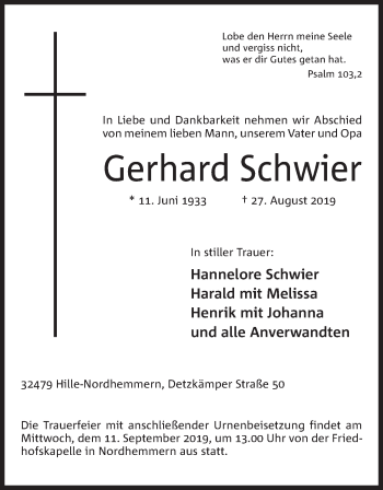 Anzeige von Gerhard Schwier von Mindener Tageblatt