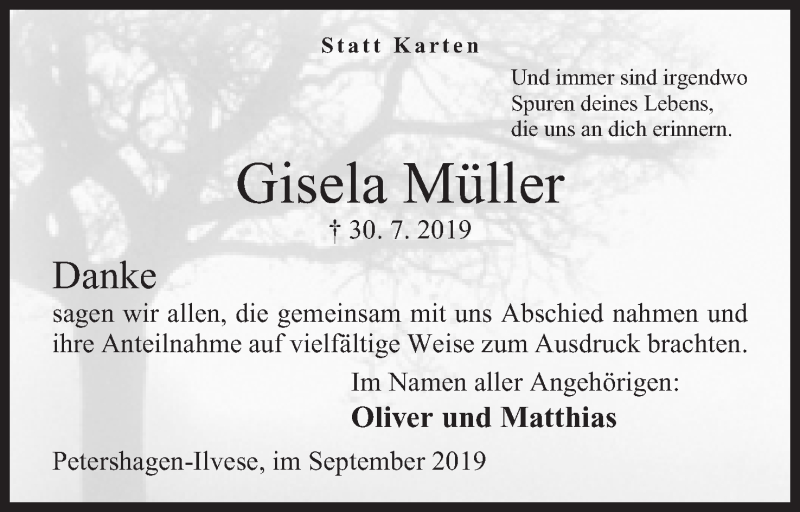  Traueranzeige für Gisela Müller vom 07.09.2019 aus Mindener Tageblatt