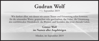 Anzeige von Gudrun Wolf von Mindener Tageblatt