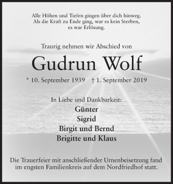 Anzeige von Gudrun Wolf von Mindener Tageblatt
