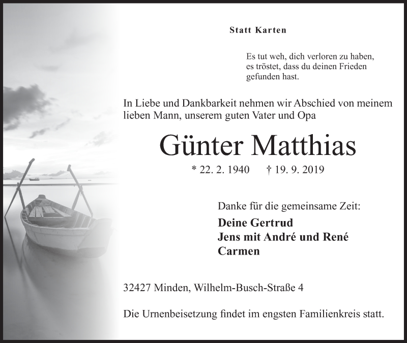  Traueranzeige für Günter Matthias vom 21.09.2019 aus Mindener Tageblatt