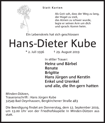 Anzeige von Hans-Dieter Kube von Mindener Tageblatt