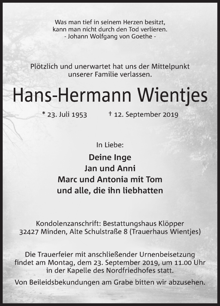  Traueranzeige für Hans-Hermann Wientjes vom 19.09.2019 aus Mindener Tageblatt