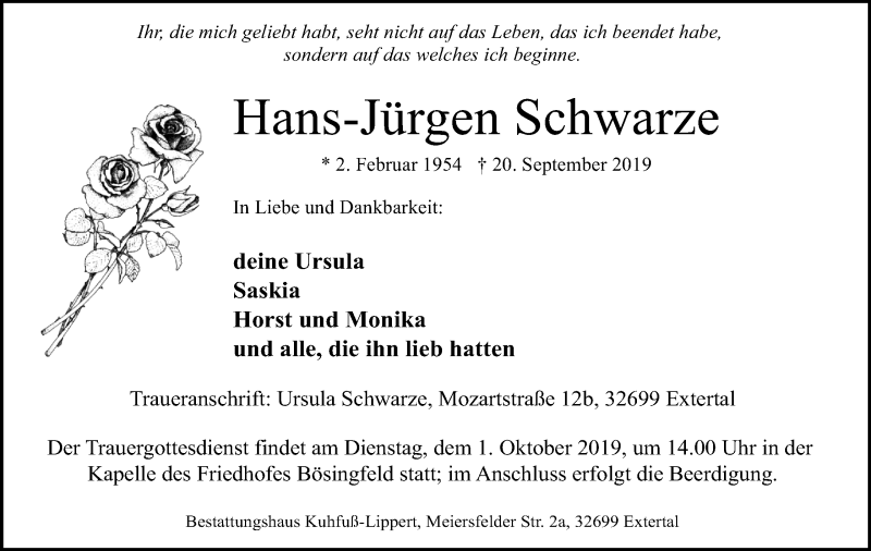  Traueranzeige für Hans-Jürgen Schwarze vom 28.09.2019 aus Mindener Tageblatt