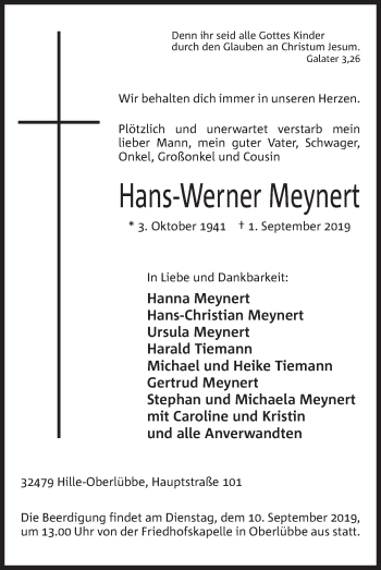 Anzeige von Hans-Werner Meynert von Mindener Tageblatt