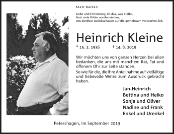 Anzeige von Heinrich Kleine von Mindener Tageblatt