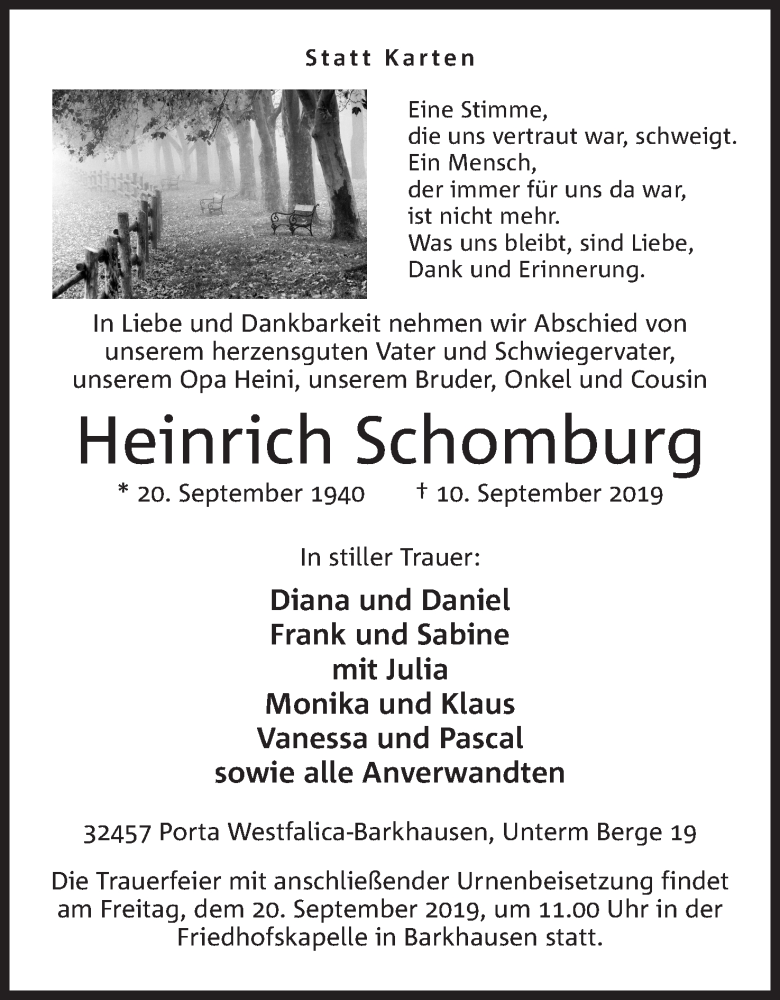  Traueranzeige für Heinrich Schomburg vom 14.09.2019 aus Mindener Tageblatt