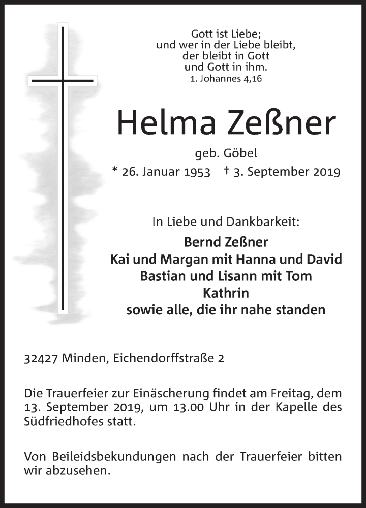  Traueranzeige für Helma Zeßner vom 10.09.2019 aus Mindener Tageblatt