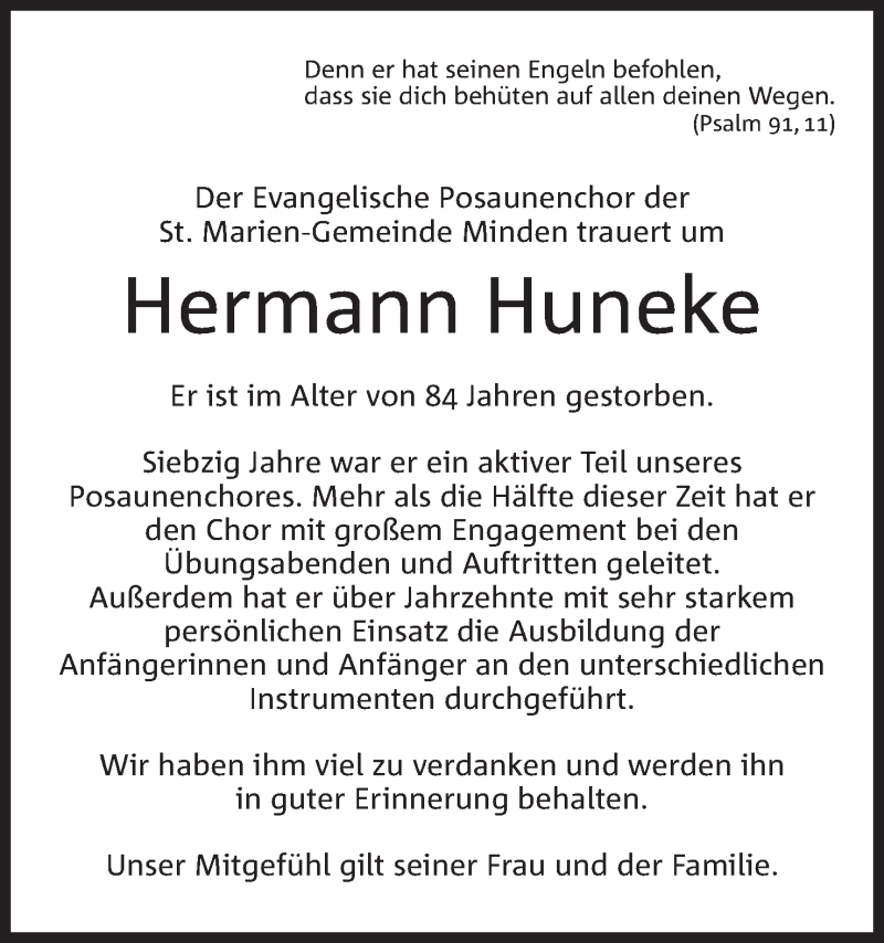  Traueranzeige für Hermann Huneke vom 07.09.2019 aus Mindener Tageblatt