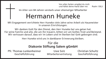 Anzeige von Hermann Huneke von Mindener Tageblatt