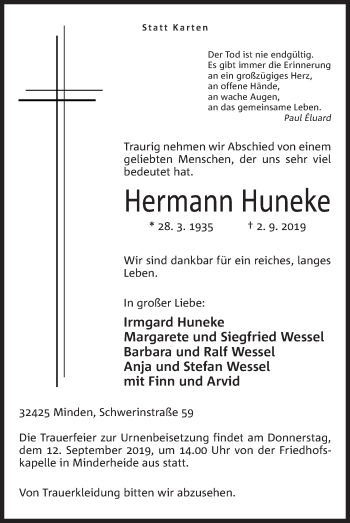 Anzeige von Hermann Huneke von Mindener Tageblatt