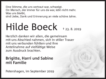Anzeige von Hilde Boeck von Mindener Tageblatt