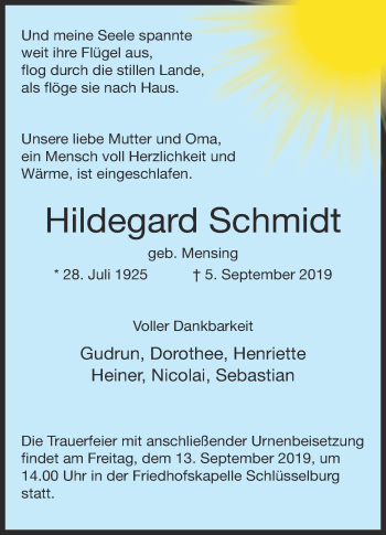 Anzeige von Hildegard Schmidt von Mindener Tageblatt