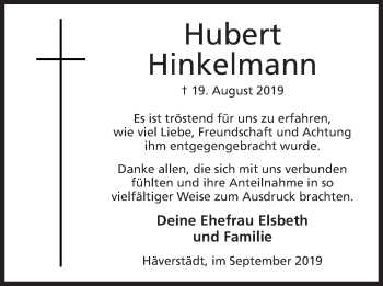 Anzeige von Hubert Hinkelmann von Mindener Tageblatt