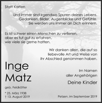 Anzeige von Inge Matz von Mindener Tageblatt