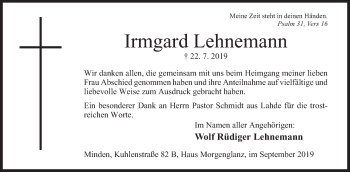Anzeige von Irmgard Lehnemann von Mindener Tageblatt