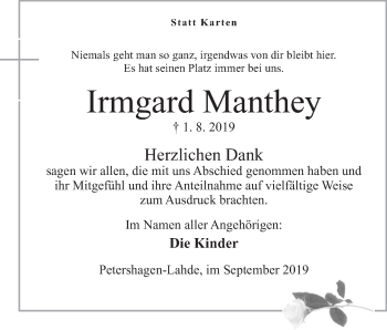 Anzeige von Irmgard Manthey von Mindener Tageblatt