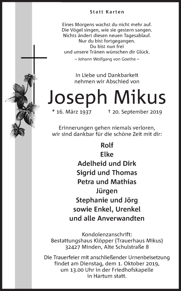  Traueranzeige für Joseph Mikus vom 27.09.2019 aus Mindener Tageblatt