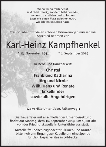 Anzeige von Karl-Heinz Kampfhenkel von Mindener Tageblatt