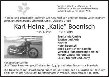 Anzeige von Karl-Heinz Kalle Boenisch von Mindener Tageblatt
