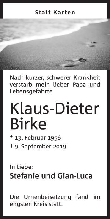 Anzeige von Klaus-Dieter Birke von Mindener Tageblatt