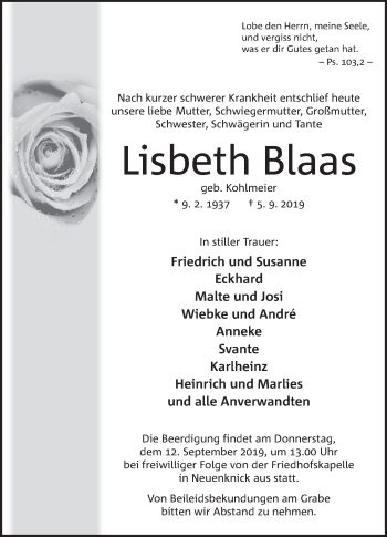 Anzeige von Lisbeth Blaas von Mindener Tageblatt