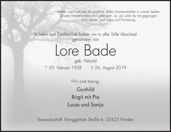Anzeige von Lore Bade von Mindener Tageblatt