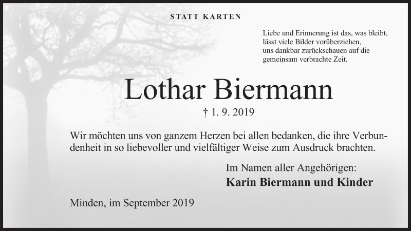  Traueranzeige für Lothar Biermann vom 28.09.2019 aus Mindener Tageblatt