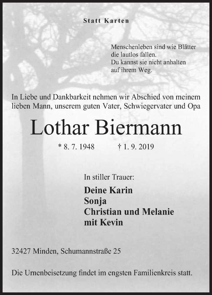  Traueranzeige für Lothar Biermann vom 03.09.2019 aus Mindener Tageblatt