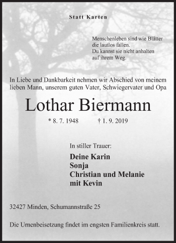 Anzeige von Lothar Biermann von Mindener Tageblatt