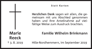 Anzeige von Marie Reeck von Mindener Tageblatt