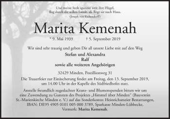 Anzeige von Marita Kemenah von Mindener Tageblatt