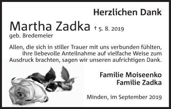 Anzeige von Martha Zadka von Mindener Tageblatt