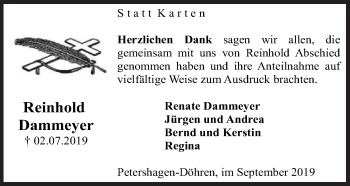 Anzeige von Reinhold Dammeyer von Mindener Tageblatt