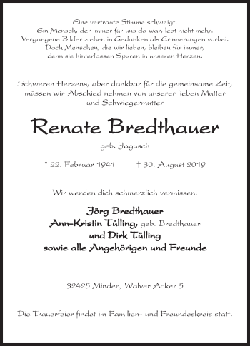 Anzeige von Renate Bredthauer von Mindener Tageblatt