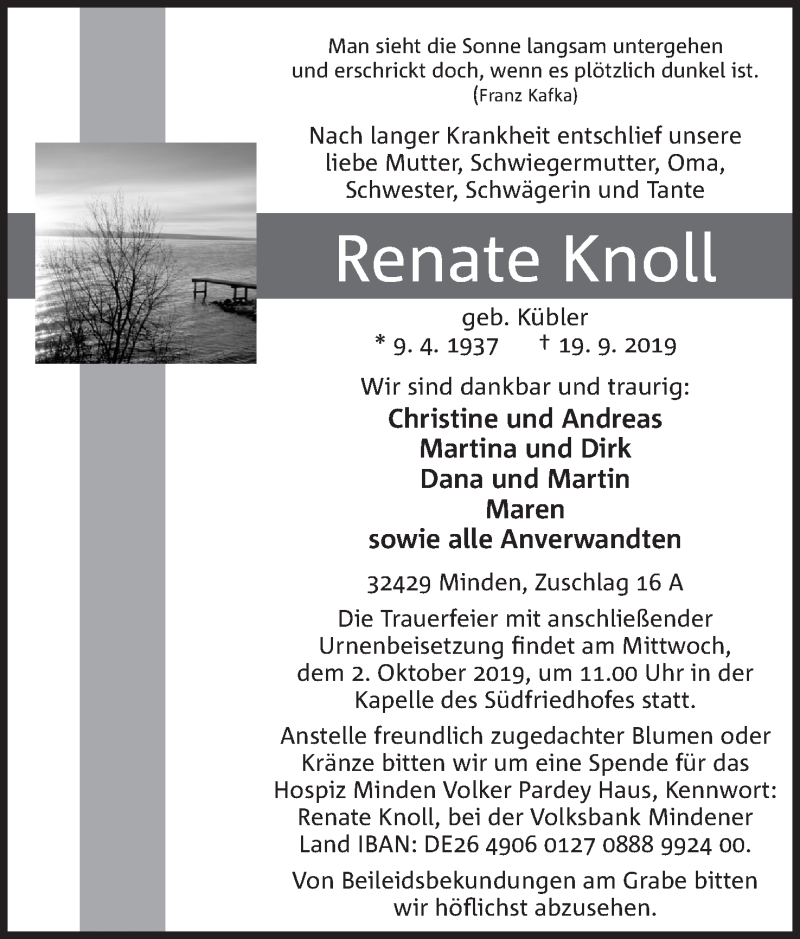  Traueranzeige für Renate Knoll vom 25.09.2019 aus Mindener Tageblatt