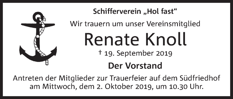 Traueranzeige für Renate Knoll vom 27.09.2019 aus Mindener Tageblatt