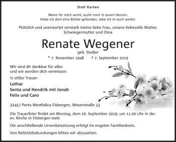 Anzeige von Renate Wegener von Mindener Tageblatt