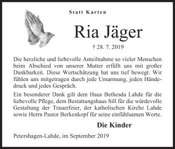 Anzeige von Ria Jäger von Mindener Tageblatt