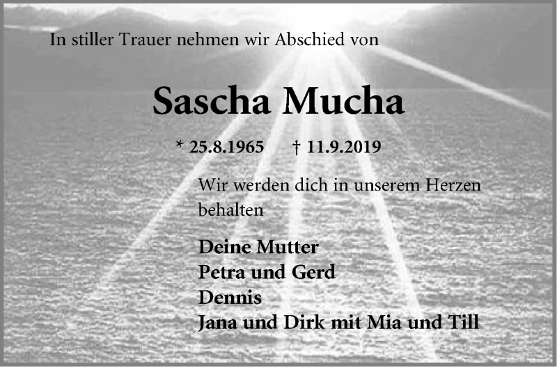  Traueranzeige für Sascha Mucha vom 14.09.2019 aus Mindener Tageblatt