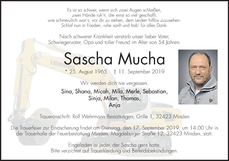  Traueranzeige für Sascha Mucha vom 14.09.2019 aus Mindener Tageblatt