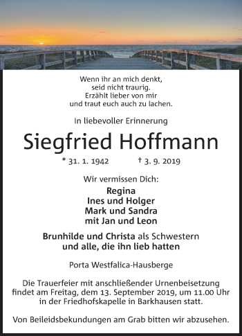 Anzeige von Siegfried Hoffmann von Mindener Tageblatt