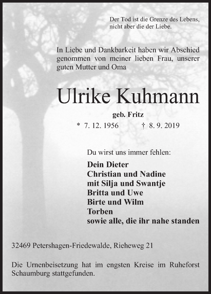  Traueranzeige für Ulrike Kuhmann vom 18.09.2019 aus Mindener Tageblatt