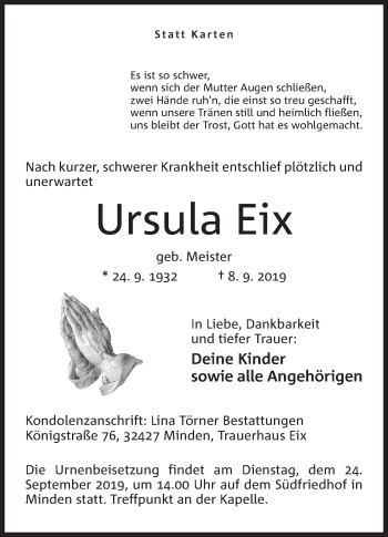 Anzeige von Ursula Eix von Mindener Tageblatt