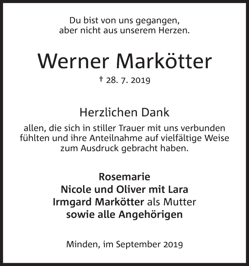  Traueranzeige für Werner Markötter vom 07.09.2019 aus Mindener Tageblatt